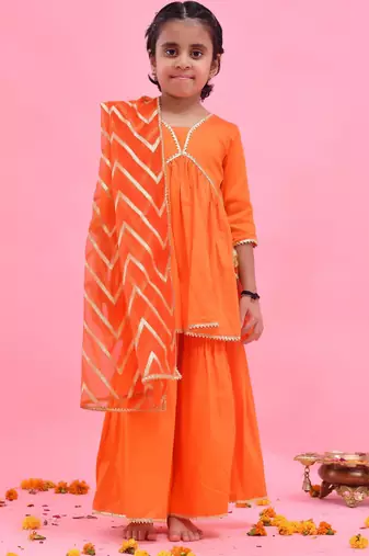 Orange plain cotton silk sharara set