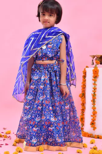Blue printed chanderi lehenga set