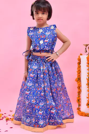 Blue printed chanderi lehenga set