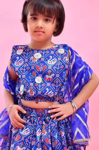 Blue printed chanderi lehenga set