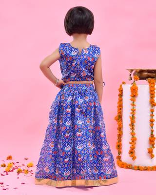 Blue printed chanderi lehenga set 4