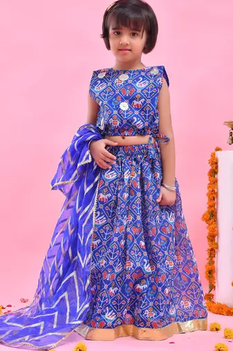 Blue printed chanderi lehenga set