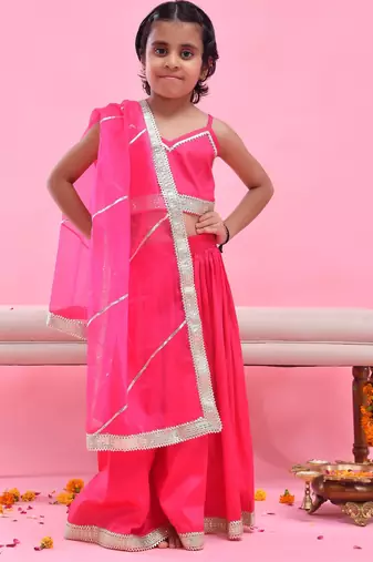 Magenta printed cotton silk lehenga set