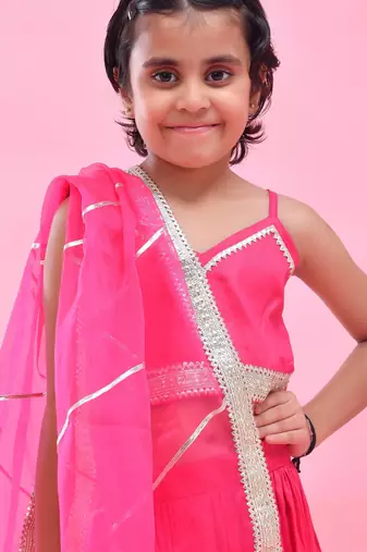 Magenta printed cotton silk lehenga set