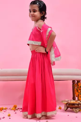 Magenta printed cotton silk lehenga set