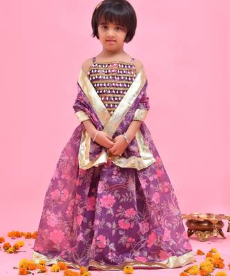 Purple printed chanderi lehenga set 1