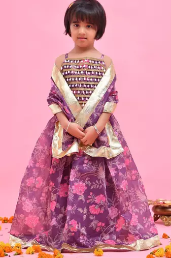 Purple printed chanderi lehenga set