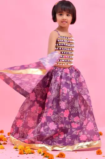 Purple printed chanderi lehenga set