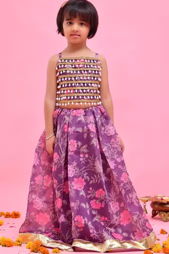 Purple printed chanderi lehenga set