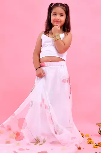 White printed organza lehenga set