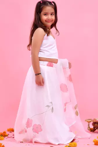 White printed organza lehenga set