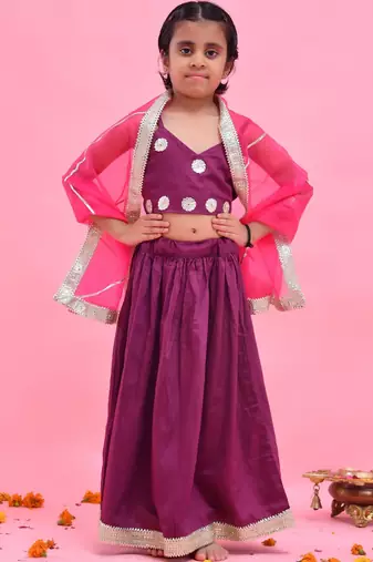 Purple printed cotton silk lehenga set