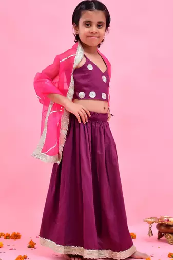Purple printed cotton silk lehenga set