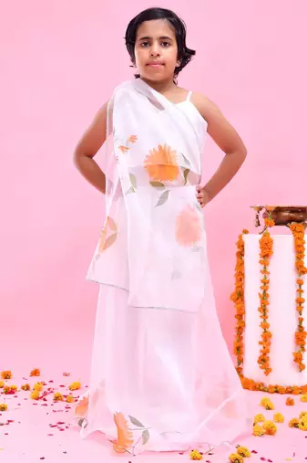 White printed organza lehenga set