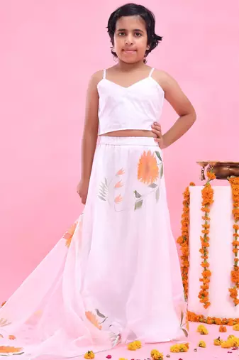 White printed organza lehenga set
