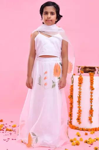 White printed organza lehenga set