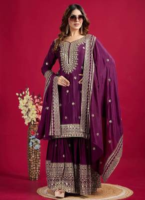 Chinnon silk embroidery sequence work top-plazo and dupatta set 1