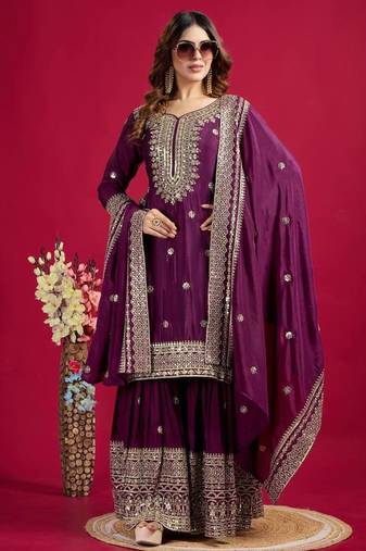 Chinnon silk embroidery sequence work top-plazo and dupatta set