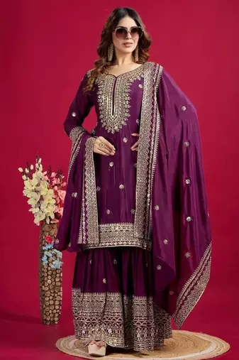 Chinnon silk embroidery sequence work top-plazo and dupatta set