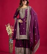 Chinnon silk embroidery sequence work top-plazo and dupatta set