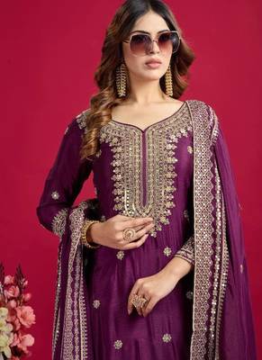 Chinnon silk embroidery sequence work top-plazo and dupatta set 2