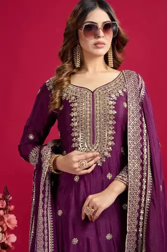 Chinnon silk embroidery sequence work top-plazo and dupatta set