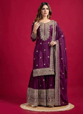Chinnon silk embroidery sequence work top-plazo and dupatta set 3