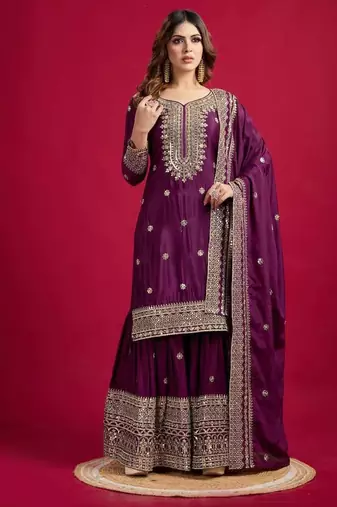 Chinnon silk embroidery sequence work top-plazo and dupatta set