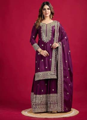 Chinnon silk embroidery sequence work top-plazo and dupatta set 4