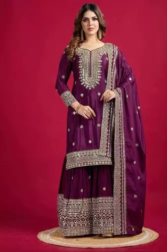 Chinnon silk embroidery sequence work top-plazo and dupatta set