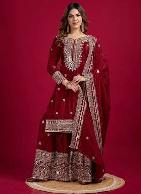 Chinnon silk embroidery sequence work top-plazo and dupatta set 1