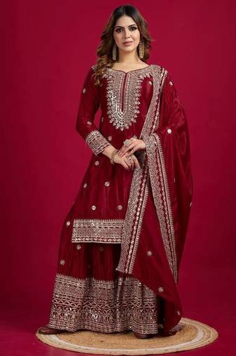 Chinnon silk embroidery sequence work top-plazo and dupatta set