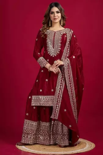 Chinnon silk embroidery sequence work top-plazo and dupatta set