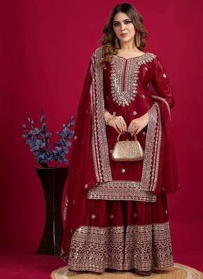 Chinnon silk embroidery sequence work top-plazo and dupatta set 2