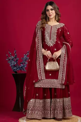 Chinnon silk embroidery sequence work top-plazo and dupatta set