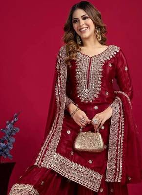 Chinnon silk embroidery sequence work top-plazo and dupatta set 3