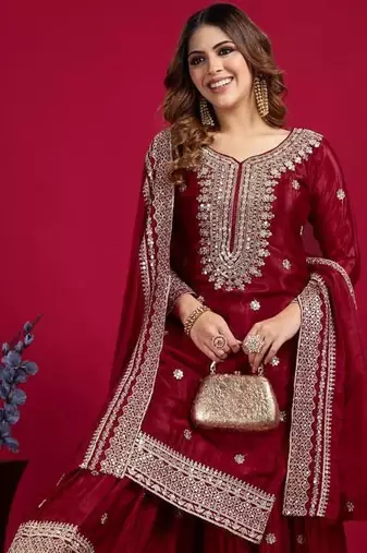 Chinnon silk embroidery sequence work top-plazo and dupatta set