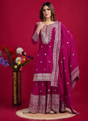 Chinnon silk embroidery sequence work top-plazo and dupatta set 1