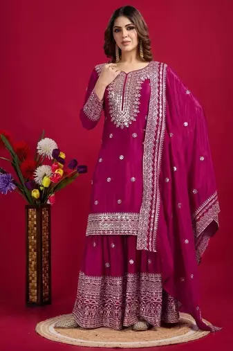 Chinnon silk embroidery sequence work top-plazo and dupatta set