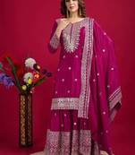 Chinnon silk embroidery sequence work top-plazo and dupatta set