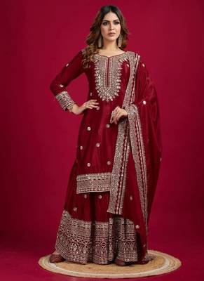 Chinnon silk embroidery sequence work top-plazo and dupatta set 4