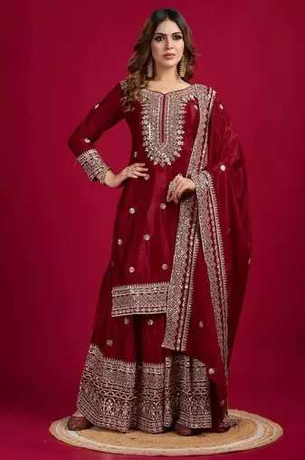 Chinnon silk embroidery sequence work top-plazo and dupatta set