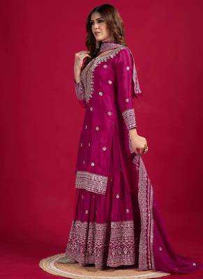 Chinnon silk embroidery sequence work top-plazo and dupatta set 2