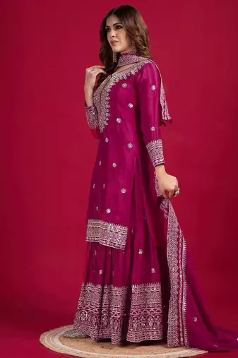 Chinnon silk embroidery sequence work top-plazo and dupatta set