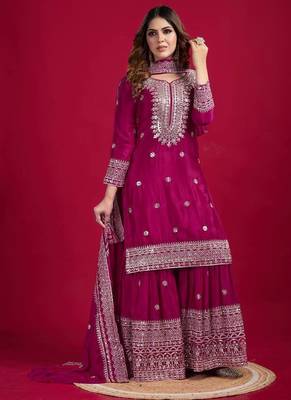 Chinnon silk embroidery sequence work top-plazo and dupatta set 3