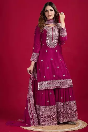 Chinnon silk embroidery sequence work top-plazo and dupatta set