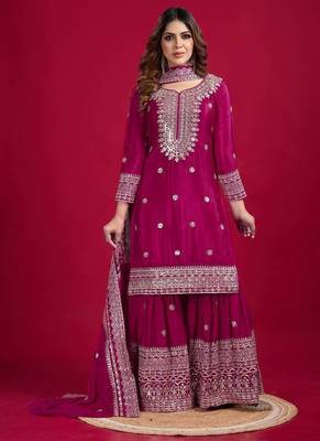Chinnon silk embroidery sequence work top-plazo and dupatta set 4
