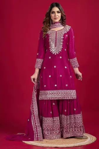 Chinnon silk embroidery sequence work top-plazo and dupatta set