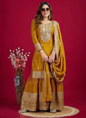 Chinnon silk embroidery sequence work top-plazo and dupatta set 1