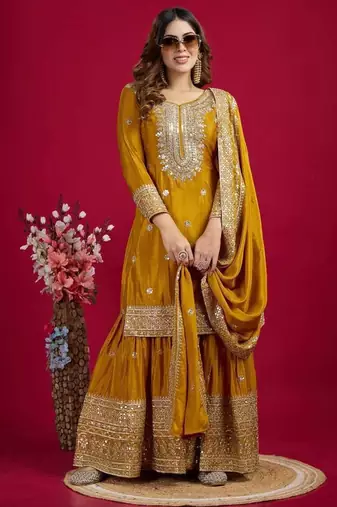 Chinnon silk embroidery sequence work top-plazo and dupatta set